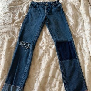 thrifted asos denim jeans with mismatched knee patch
